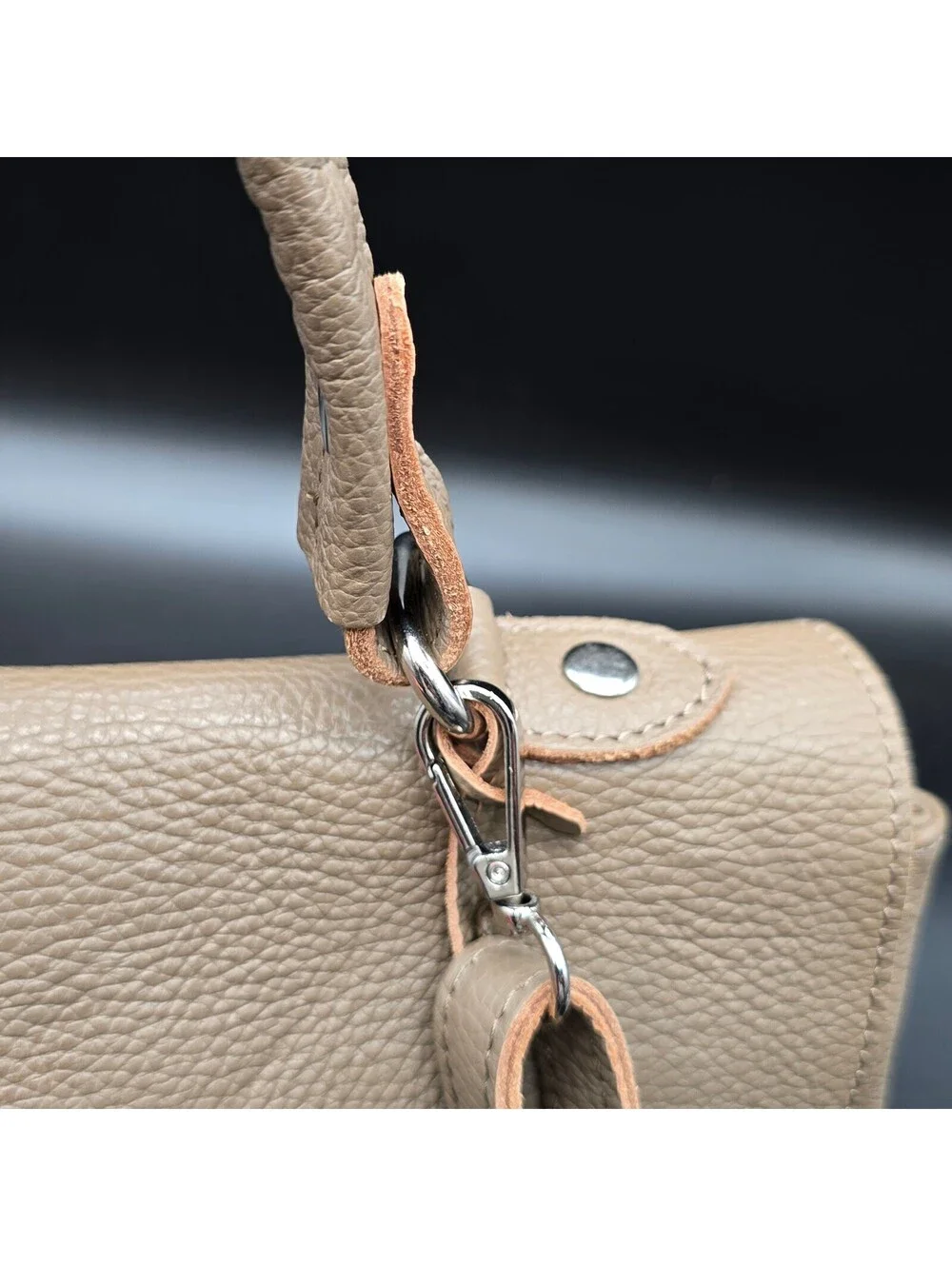 LOOWIE Italian Leather Satchel Bag Taupe Beige Pebbled Leather Crossbody Flap